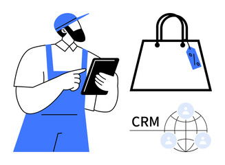 Inventory manager holding a tablet, next to a shopping bag with tag and CRM icon. Ideal for e-commerce, inventory management, retail analytics, customer relationship management, digital transactions
