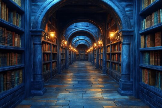 Enchanting vintage library corridor with wooden shelves and glowing lanterns