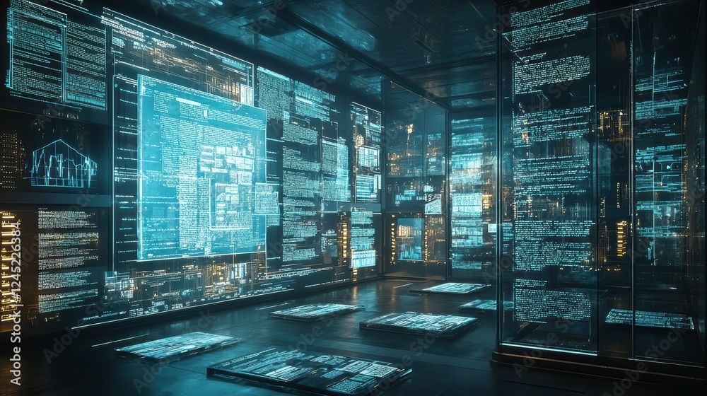 Poster futuristic archive room with floating data and interactive displays