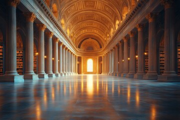 Naklejka premium Grand library hall with arched ceilings and sunlight reflection