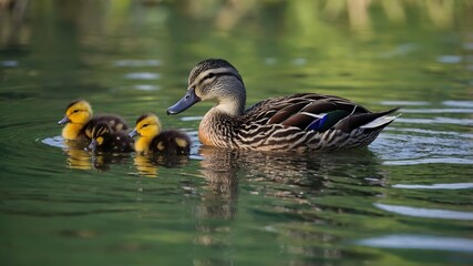 Obraz premium Loving Path: A Laysan Duck and Her Ducklings Gliding Over Tranquil Waters