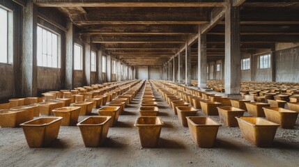 A collection of gold ingots carefully arranged in a warehouse, symbolizing secure, long-term investment with ample copy space.
