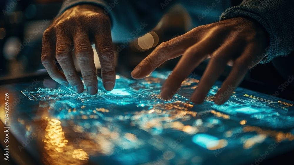 Poster hands orchestrating complex workflow on a touchscreen display