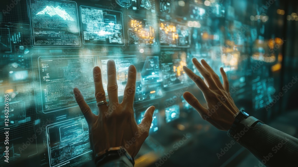 Poster hands gesturing to control multiple floating digital interfaces