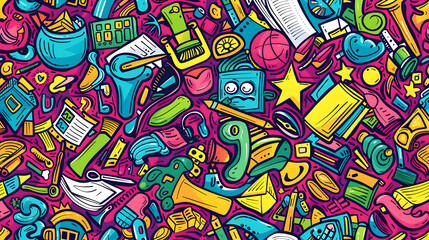 Colorful illustration of various school supplies and objects scattered across a vibrant background