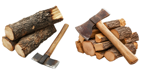 Wood Logs with Axes for Chopping and Splitting Outdoors Activities