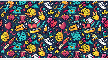 Colorful pattern of various school supplies and objects with a dark background, ideal for educational themes