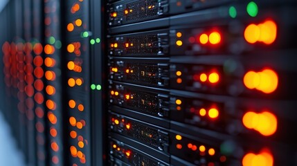 Close-up view of server racks with illuminated indicators in a data center environment