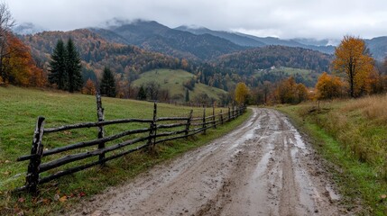 Obraz premium Autumnal mountain road, rural landscape, rainy day, travel