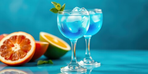 Refreshing blue cocktails served in elegant glasses with fresh fruit slices on a bright table