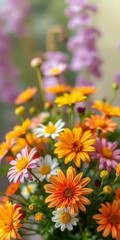 Fototapeta premium Vibrant bouquet of daisies and wildflowers brightens a serene garden setting in springtime