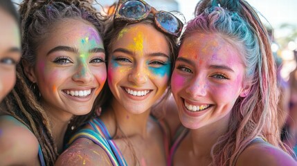 Fototapeta premium Joyful Group Selfie of Models with Colorful Face Paint in Celebration
