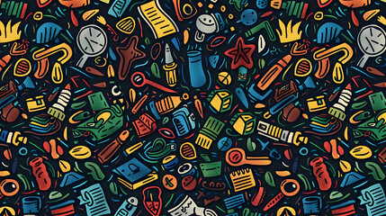 Colorful illustration of various everyday objects and tools scattered across a dark background