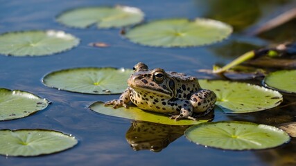 Fototapeta premium Tender Moments: A Mississippi Gopher Frog and Its Tadpoles by the Pond
