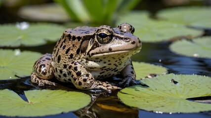 Fototapeta premium Nurturing Care: A Mississippi Gopher Frog and Its Tadpoles by the Water