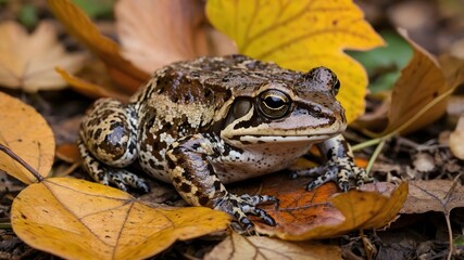 Fototapeta premium Autumn Refuge: A Mississippi Gopher Frog Surrounded by Vibrant Leaves