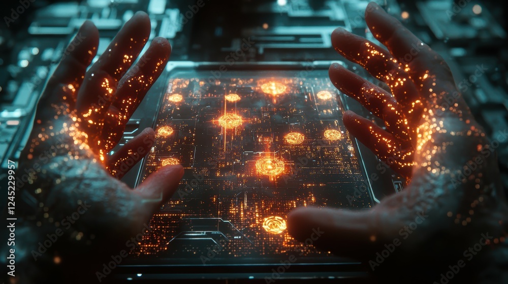 Poster hands interacting with quantum computing technology and data visualization