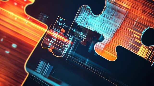 Digital puzzle animation: technology connections and integration in futuristic interface