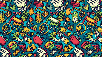 Colorful and vibrant pattern featuring various school supplies and items scattered across a blue background