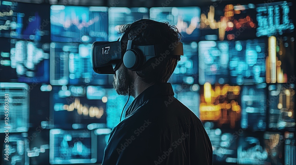 Poster trader in virtual reality environment analyzing financial data