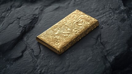 Fototapeta premium A gold bar with intricate details resting on a smooth black stone surface with space for product or financial text.