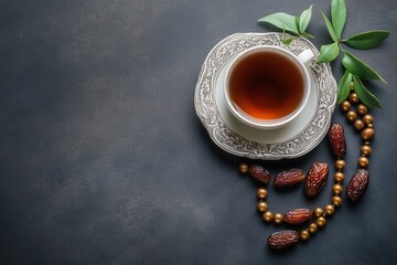 A serene tea setting featuring a cup of tea, dates, and decorative leaves on a textured surface