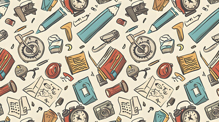 A colorful pattern featuring various school and office supplies on a light background, ideal for educational materials