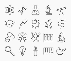 Set of science icon in simple thin line. Collection of icons related to research, including chemical tube, magnifying glass, medicine, microscope, bacteria, space, binoculars, etc. Editable stroke