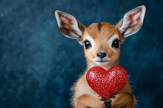 Ad campaign idea. Antelope - my cherished animal. Advertising concept. Cute antelope baby with sparkling rhinestones red heart - emblem of love, funny greeting card. Heartwarming zoo animals.