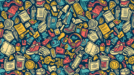 Obraz premium Colorful illustration of various office supplies and tools arranged in a vibrant pattern