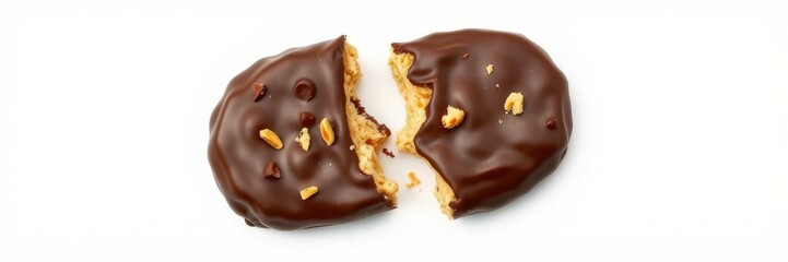 Chocolate coated peanut butter cookie broken in half on white background