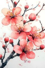 A vibrant watercolor illustration featuring delicate cherry blossoms in shades of pink and white, elegantly branching against a soft, pale background.