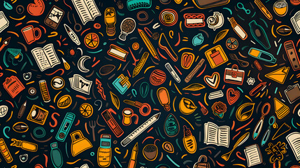 Naklejka premium A vibrant collage of various stationery items and tools scattered across a dark background