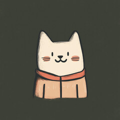 Cute cartoon illustration of a smiling cat wearing a hoodie, minimalist design with soft colors on a dark green background, perfect for modern and playful art
