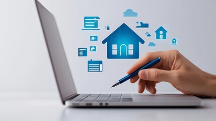 Innovative housing solutions with smart property management. Digital real estate management with laptop.