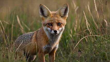Obraz premium Watchful Eye: A Kit Fox Camouflaged in the Field, Ready to Pounce