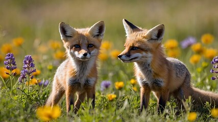 Cheerful Chases: A Kit Fox Family in a Vibrant Wildflower Field