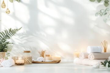 Conjunto de itens de spa com toalhas, velas e elementos decorativos em tons neutros, capturados com luz natural suave, criado com IA generativa.