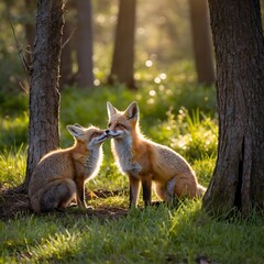 Obraz premium Forest Friend’s Feast: A Fox, Rabbit, and Bird Gather to Share