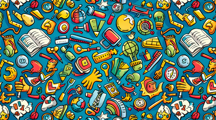Naklejka premium Colorful collage of various educational and creative tools on a vibrant blue background