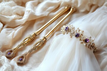 Romantic close-up of hair clippers with heart-shaped gold glitter and elegant white tulle headband with purple gems, lying on soft cream fabric.