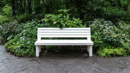 Fototapeta premium White park bench, lush greenery, peaceful garden, relaxation