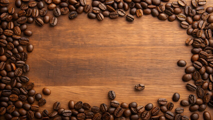 coffee beans frame on wooden table background