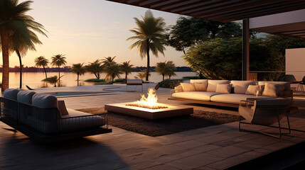Fototapeta premium Serene Sunset View from a Luxurious Tropical Patio with Fire Pit