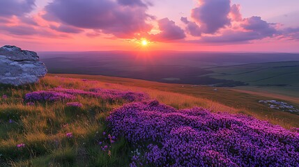 Obraz premium Sunset over purple wildflowers, hilltop, summer