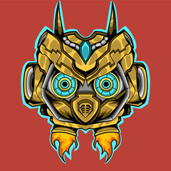 A golden robot head with intricate detailing and a shiny metallic finish