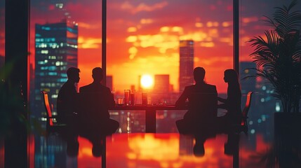 Silhouetted businesspeople dine during sunset, overlooking a vibrant cityscape. Ideal for concepts of success, negotiation, or corporate strategy.