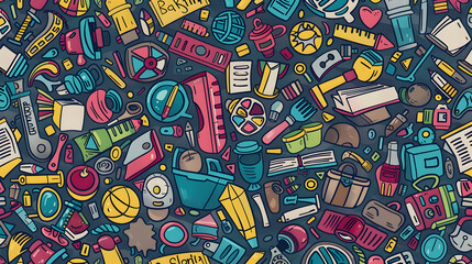 Fototapeta premium Colorful illustration of various school and office supplies scattered across a vibrant background