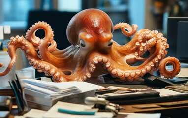 An octopus managing multiple tasks at a desk, symbolizing multitasking and work organization