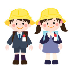 入学式でランドセルを背負う笑顔のこどもたちのベクターイラスト